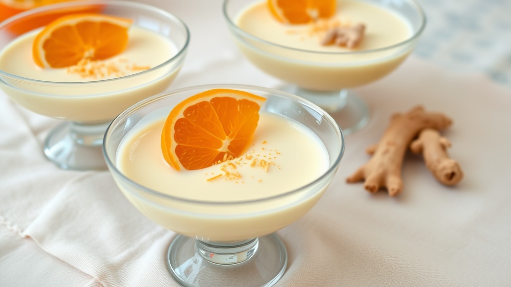 Elegant glass dishes filled with tangerine sabayon, garnished with tangerine slices and ginger.